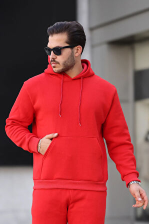 Erkek Üç İplik Şardonlu İçi Polar Baskısız Kapüşonlu Kanguru Cep Sweatshirt Basic Hoodie