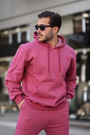 Erkek Üç İplik Şardonlu İçi Polar Baskısız Kapüşonlu Kanguru Cep Sweatshirt Basic Hoodie