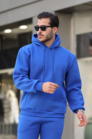 Erkek Üç İplik Şardonlu İçi Polar Baskısız Kapüşonlu Kanguru Cep Sweatshirt Basic Hoodie