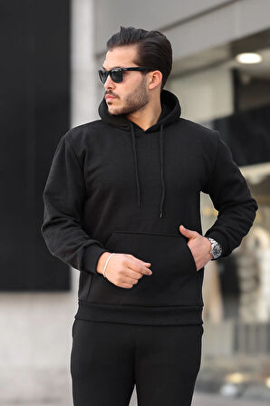 Erkek Üç İplik Şardonlu İçi Polar Baskısız Kapüşonlu Kanguru Cep Sweatshirt Basic Hoodie