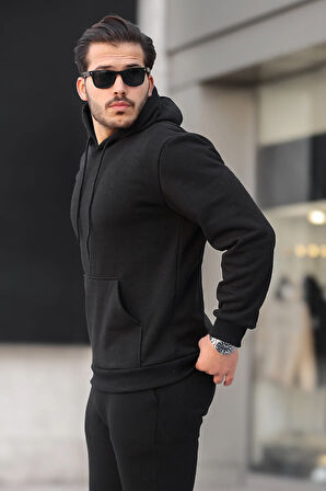 Erkek Üç İplik Şardonlu İçi Polar Baskısız Kapüşonlu Kanguru Cep Sweatshirt Basic Hoodie