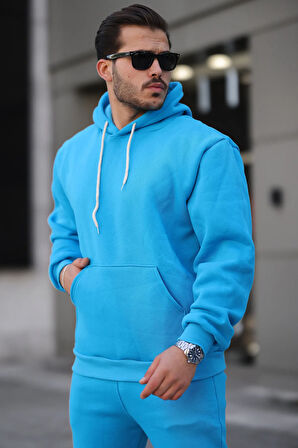 Erkek Üç İplik Şardonlu İçi Polar Baskısız Kapüşonlu Kanguru Cep Sweatshirt Basic Hoodie