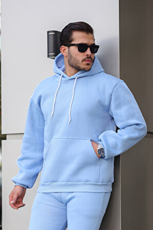 Erkek Üç İplik Şardonlu İçi Polar Baskısız Kapüşonlu Kanguru Cep Sweatshirt Basic Hoodie