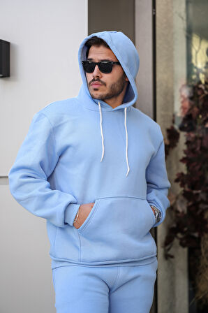 Erkek Üç İplik Şardonlu İçi Polar Baskısız Kapüşonlu Kanguru Cep Sweatshirt Basic Hoodie