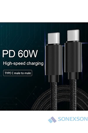 Samsung Oppo Reeder Huawei Için Örgülü Type C To Type C Hızlı Şarj Kablosu Siyah 1,2m