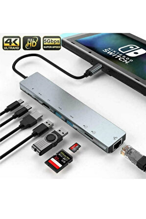 Usb Type-c Hub Dönüştürücü Çevirici Çoklayıcı Usb Hdmı Micro Sd 8 Girişli