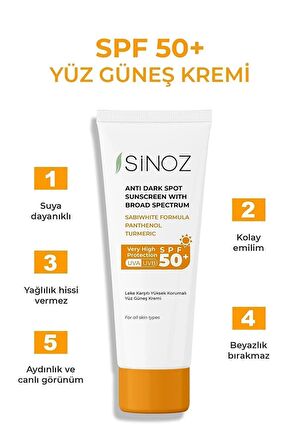 Sinoz Spf 50 Leke Karşıtı Yüksek Koruyucu Yüz Güneş Kremi 50 ml Normal Ve Kuru Ciltler Için