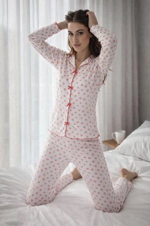 sunzer homewear %100 pamuk penye çiçek desenli uzun kol bayan pijama takımı
