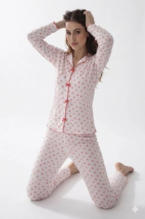 sunzer homewear %100 pamuk penye çiçek desenli uzun kol bayan pijama takımı