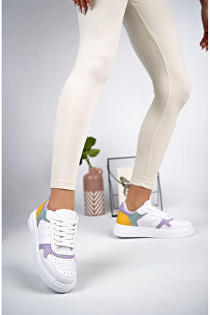 Alçak Taban Mekval Dikişli Lila Garnili Beyaz Spor Ayakkabı