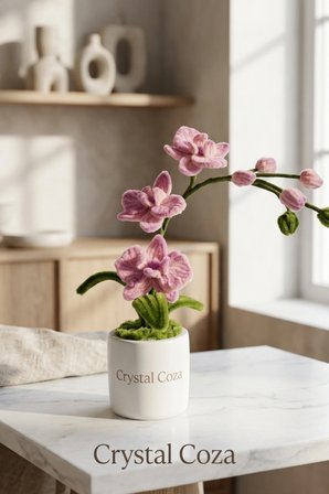 Crystal Coza El Yapımı Pembe Şönil Orkide - 26cm Premium Tasarım Saksıda Yapay Çiçek - Kalıcı Hediyelik ve Ev Dekorasyonu