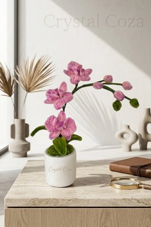 Crystal Coza El Yapımı Pembe Şönil Orkide - 26cm Premium Tasarım Saksıda Yapay Çiçek - Kalıcı Hediyelik ve Ev Dekorasyonu