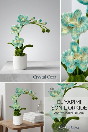 Crystal Coza El Yapımı Turkuaz Şönil Orkide Saksılı Dekoratif Çiçek | Solmaz Ömürlük Hediye | Taş Tozu Saksı 26 CM