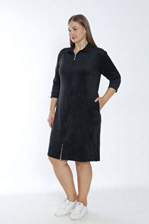 Kadın siyah truvakar kollu Fermuarlı cepli soft polar büyük beden elbise