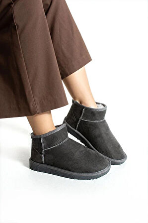 Moscow Mini Taba Süet Yarım Bot Içi Tüylü Düz Taban Kadın Ayakkabı