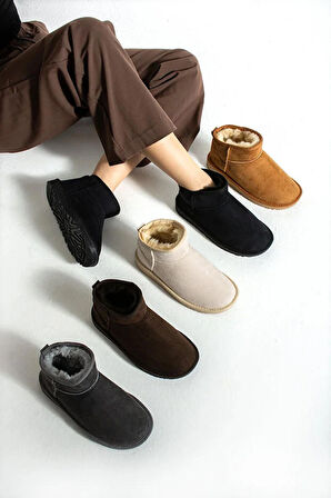 Moscow Mini Taba Süet Yarım Bot Içi Tüylü Düz Taban Kadın Ayakkabı