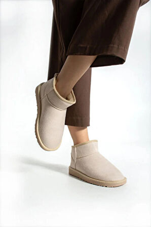 Moscow Mini Taba Süet Yarım Bot Içi Tüylü Düz Taban Kadın Ayakkabı