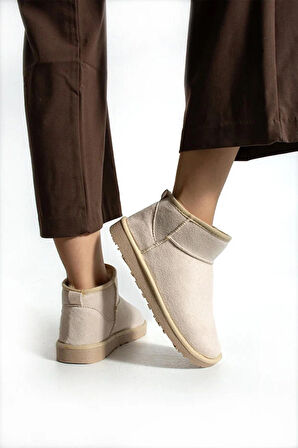 Moscow Mini Taba Süet Yarım Bot Içi Tüylü Düz Taban Kadın Ayakkabı