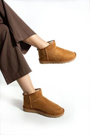 Moscow Mini Taba Süet Yarım Bot Içi Tüylü Düz Taban Kadın Ayakkabı