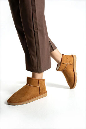 Moscow Mini Taba Süet Yarım Bot Içi Tüylü Düz Taban Kadın Ayakkabı