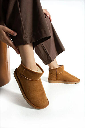 Moscow Mini Taba Süet Yarım Bot Içi Tüylü Düz Taban Kadın Ayakkabı