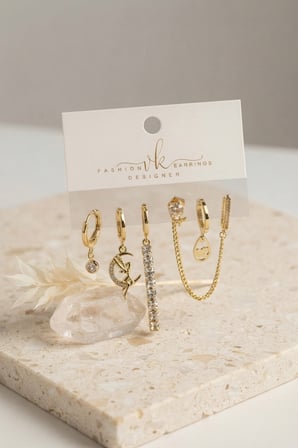 Gold Renk Pirinç Zirkon Taşlı 6'lı Küpe Set Kombini 5886