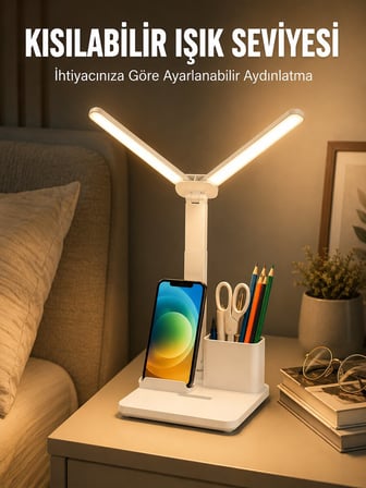 Kısılabilir LED Masa Lambası – Kalemlik Telefon Standı ve Okuma Işığı Bir 