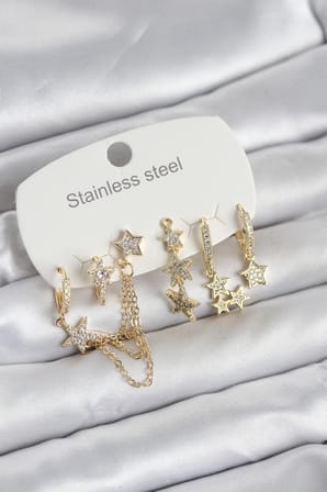 316L Çelik Gold Renk 6'lı Set Zincirli Yıldız Modelli Kadın Küpe 5886