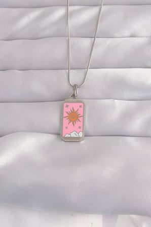316L Çelik Gümüş Renk Pembe Mineli Güneş Model Tarot Kolye 5886
