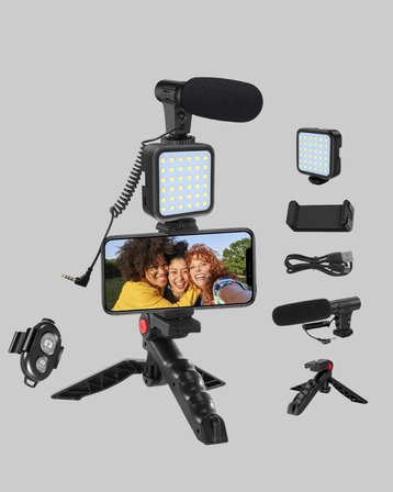 Profesyonel Vlog Çekim Kiti LED Işıklı Tripod Mikrofonlu Telefon Seti