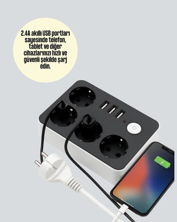 4 Prizli 3 USB Portlu Anahtarlı Akım Korumalı Priz