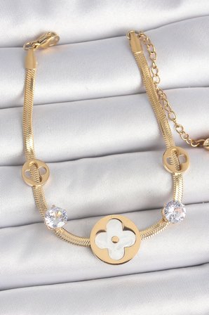 316L Çelik Gold Renk İtalyan Zincir Beyaz Mineli Yonca Model Zirkon Taş Detaylı 