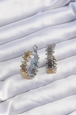 Pirinç Gold Gümüş Renkli Tırtıklı Halka Küpe 5886
