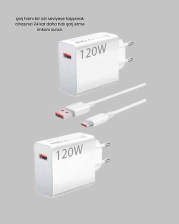 120W Hızlı Şarj Başlığı Ultra Güçlü Type-C Adaptör Kablo Dahil