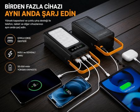 50.000 mAh Solar Powerbank LED Fenerli Taşınabilir 22,5w Hızlı Şarj Cihazı,Dahili Kablo