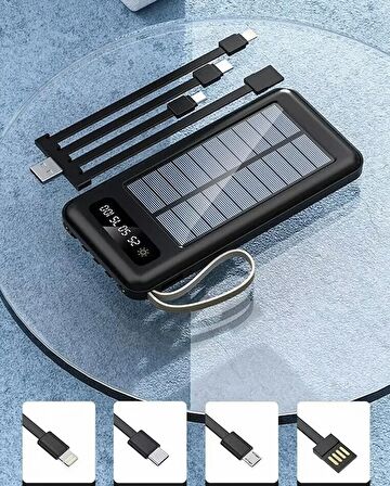10000 Mah Powerbank Göstergeli Powerbank Solar Fenerli Güneş Enerjili Type C - Lightning - Micro USB - USB Kablolu Powerbank Taşınabilir Şarj Aleti Hızlı Şarj Aleti