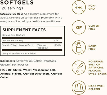 Solgar Vitamin D3 (Cholecalciferol) 250 MCG (10,000 IU) 120 Softgels - Helps Maintain Healthy Bones & Teeth - Immune System Support