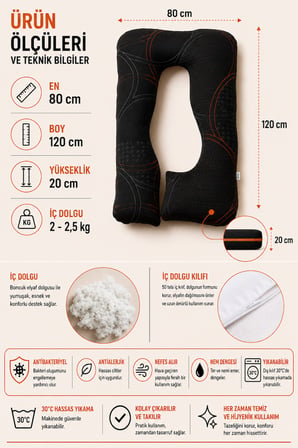 Zish Home SOLNERA Hamile ve Emzirme Yastığı | 5 Bölge ve Tam Vücut Destekli | Fermuarlı Yıkanabilir Kılıf | Dark Trend Yatak Kumaşı | 80×125 cm