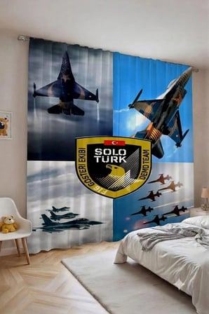 Özel Tasarım 280*240 cm. Organik Pamuklu Çift Kanat Fon Perde LuxuryMikropetek Dokuma Oda Karanlığı Solmaya Dayanıklı Solo Türk Uçak Teknofest Gösteri F16 Uçuş Ekibi Kız Erkek Çocuk Genç Pilot Odası