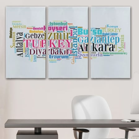 İl İsimleri Temalı Renkli Türkiye Haritası Dekoratif Kanvas Tablo, Duvar Dekoru 1003