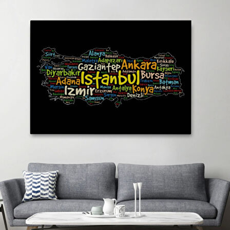 Siyah Zeminde İl İsimleri Tema Renkli Türkiye Haritası Dekoratif Kanvas Tablo, Duvar Dekoru 1005