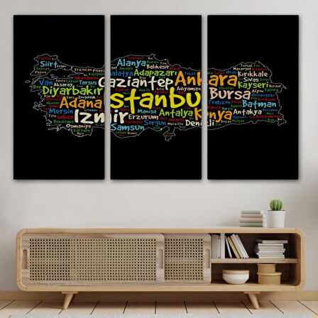 Siyah Zeminde İl İsimleri Tema Renkli Türkiye Haritası Dekoratif Kanvas Tablo, Duvar Dekoru 1005