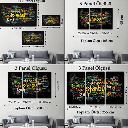 Siyah Zeminde İl İsimleri Tema Renkli Türkiye Haritası Dekoratif Kanvas Tablo, Duvar Dekoru 1005