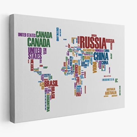 İngilizce Ülke İsimli Dünya Haritası Renkli Dekoratif Kanvas Tablo, Duvar Dekoru 1006
