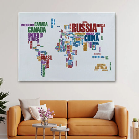 İngilizce Ülke İsimli Dünya Haritası Renkli Dekoratif Kanvas Tablo, Duvar Dekoru 1006