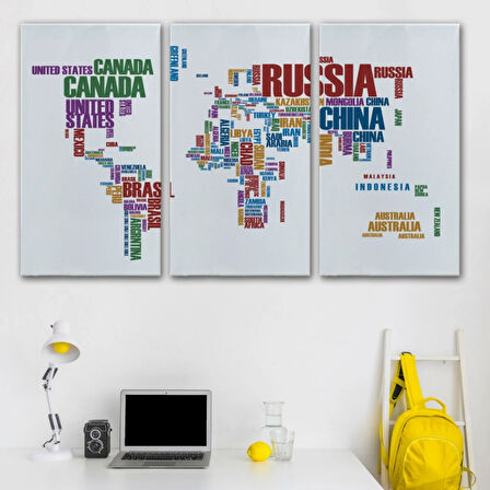 İngilizce Ülke İsimli Dünya Haritası Renkli Dekoratif Kanvas Tablo, Duvar Dekoru 1006