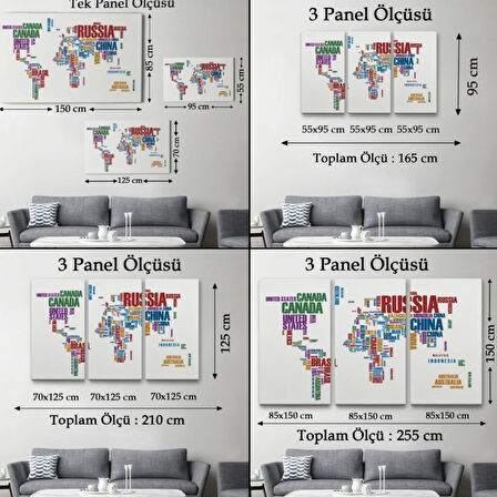 İngilizce Ülke İsimli Dünya Haritası Renkli Dekoratif Kanvas Tablo, Duvar Dekoru 1006