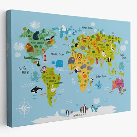 Hayvanlar Alemi Dünya Haritası Çocuk Odası Eğitici Dekoratif Kanvas Tablo, Duvar Dekoru 1007