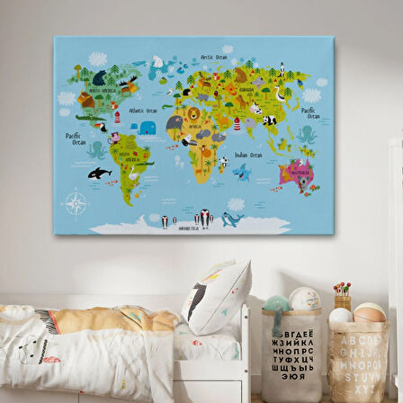 Hayvanlar Alemi Dünya Haritası Çocuk Odası Eğitici Dekoratif Kanvas Tablo, Duvar Dekoru 1007