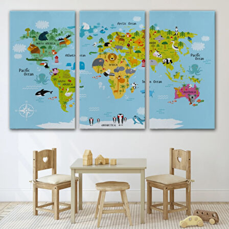 Hayvanlar Alemi Dünya Haritası Çocuk Odası Eğitici Dekoratif Kanvas Tablo, Duvar Dekoru 1007